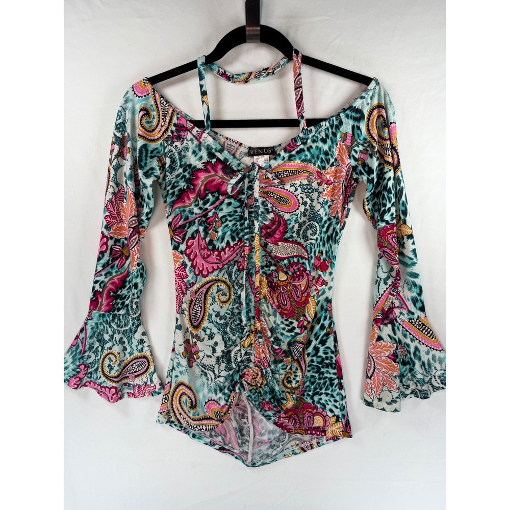 Venus Women Paisley Leopard Print Cold Shoulder Bell Sleeve Ruched Top Small